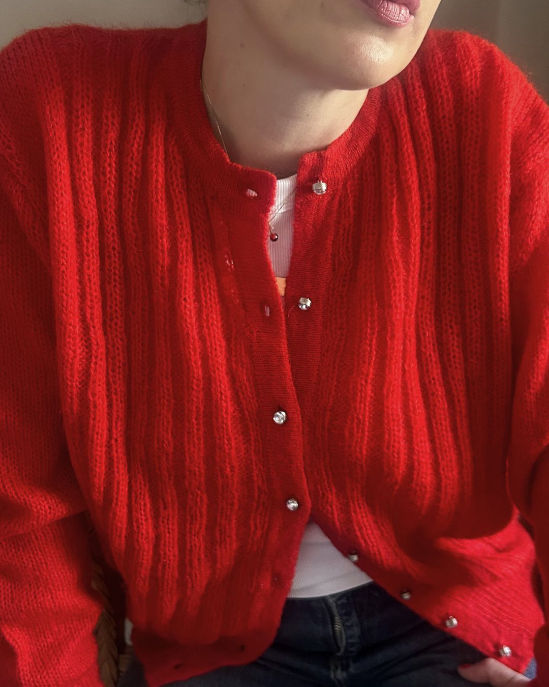 Vintage Red Ribbed Front Cardigan, size approx 10-16