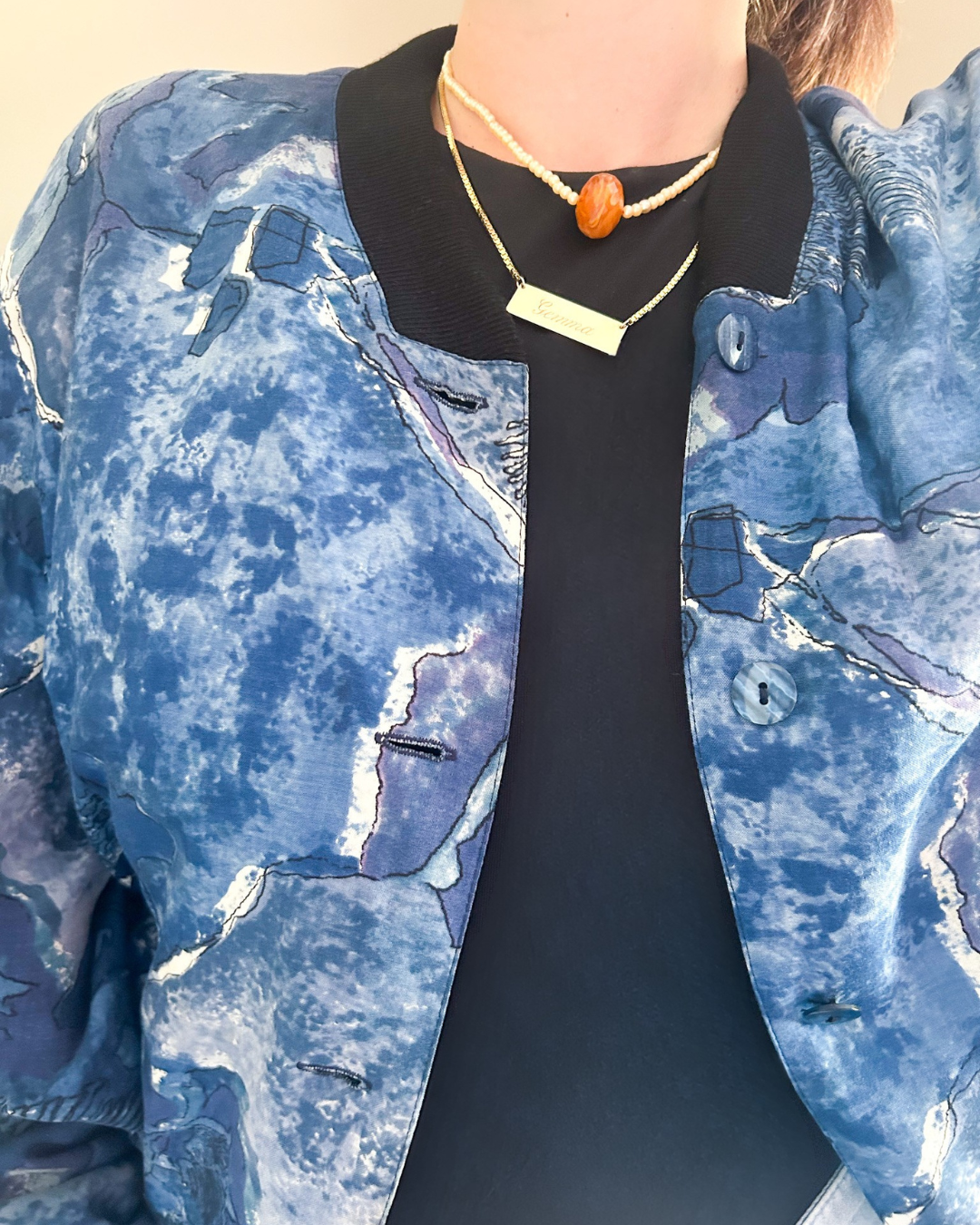 Vintage Blue Abstract Print Bomber Jacket, approx Size 10-16