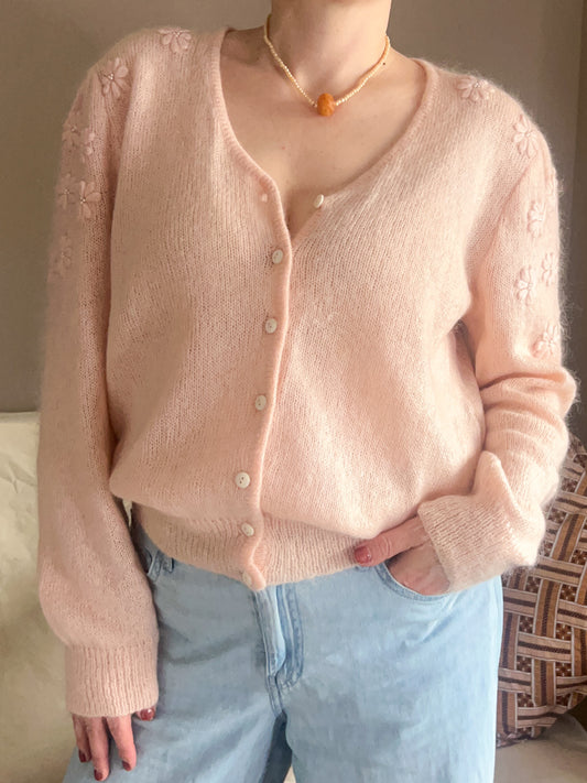 Vintage Blush Pink Raised Floral Cardi, size 10-14
