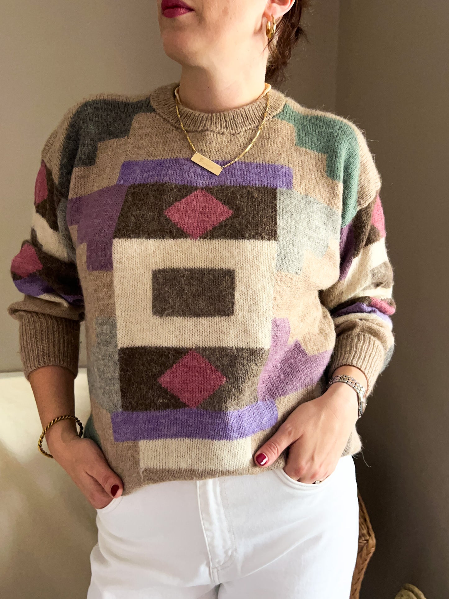 Vintage Geometric Design Oatmeal Knit, size approx 10-14