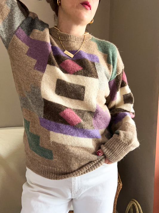 Vintage Geometric Design Oatmeal Knit, size approx 10-14