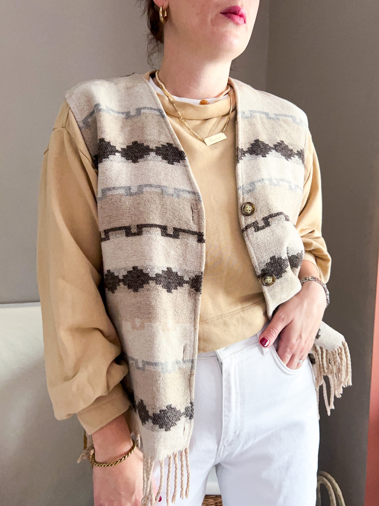 Vintage Boho Fringed Woven Vest, approx size 10-16