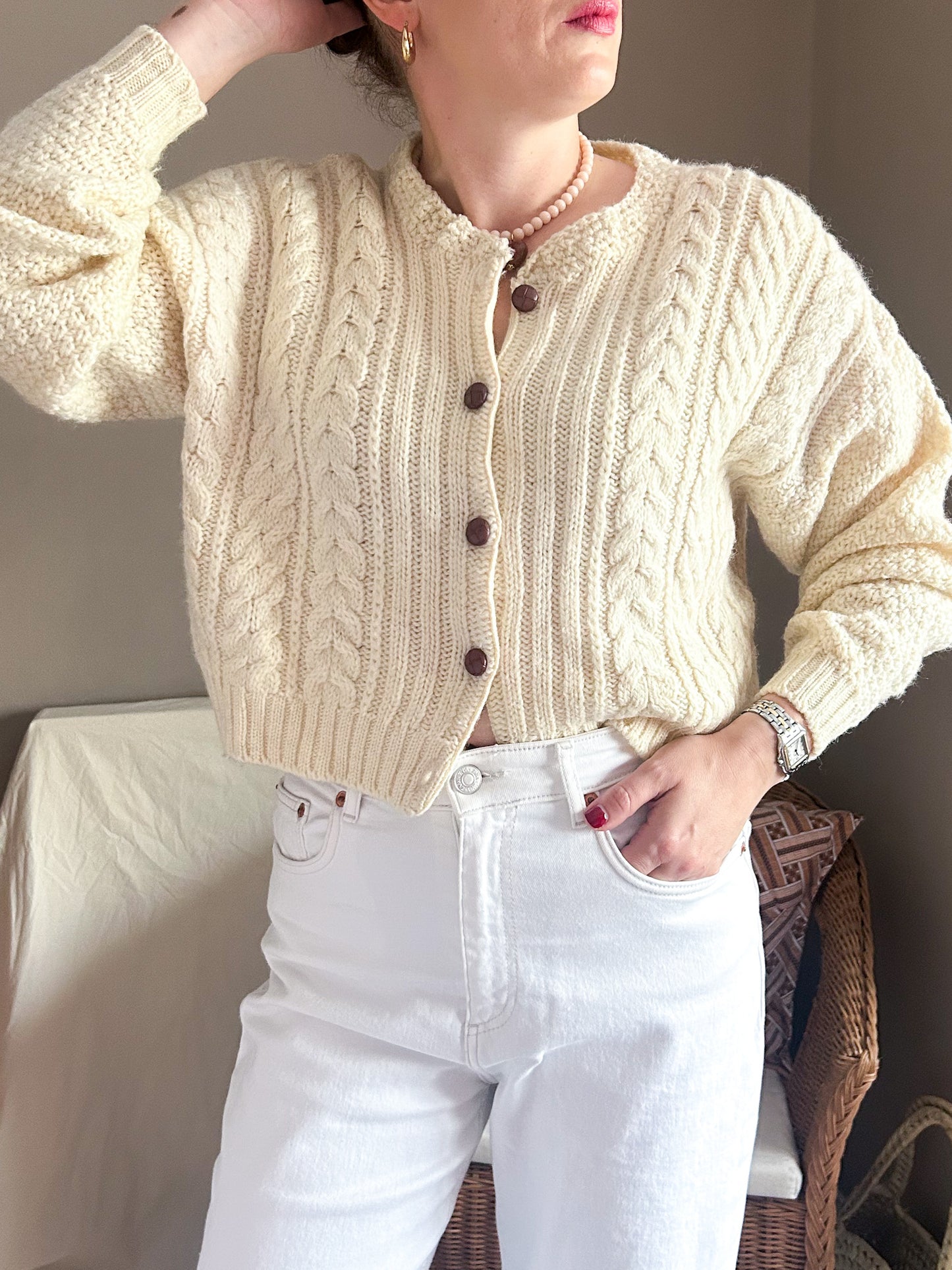 Vintage Cropped Aran Style Knit Cardigan, size approx 10-16
