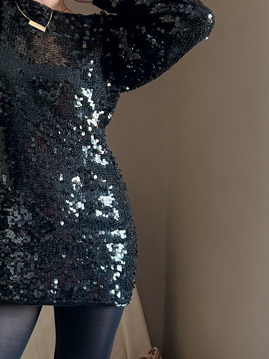 Vintage Sequin Stretch Knit Mini Dress, size approx 10-14
