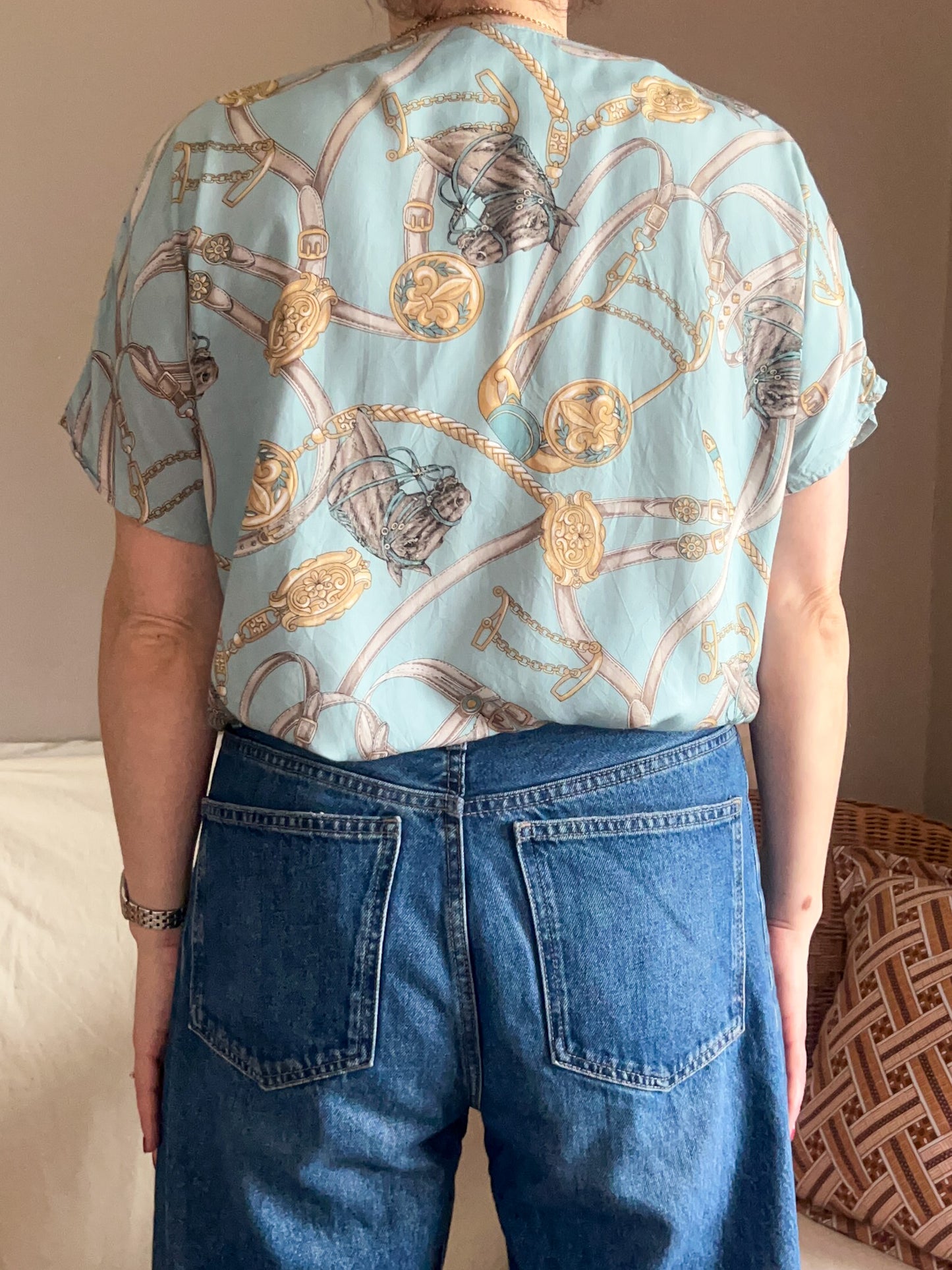 Vintage Equestrian Print Blouse, approx Size 10-12