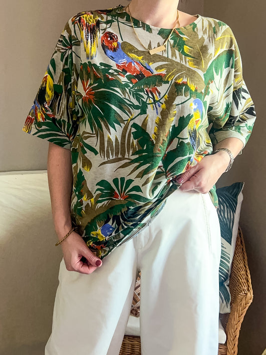 Vintage Tropical & Bird Print Tee - approx Size 12-18