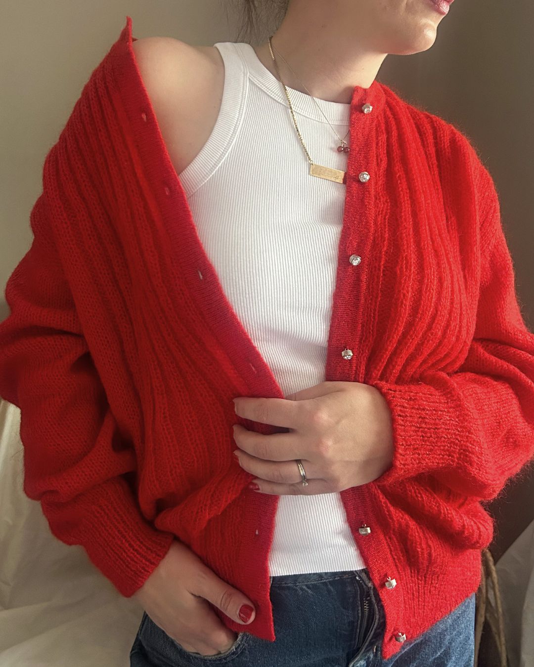 Vintage Red Ribbed Front Cardigan, size approx 10-16