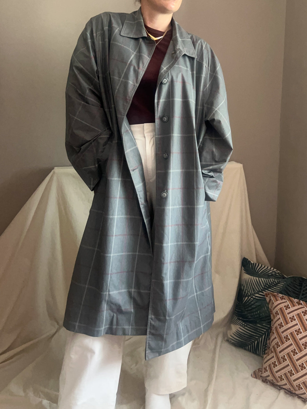 Vintage Grey Check Trench Coat, size up to 18