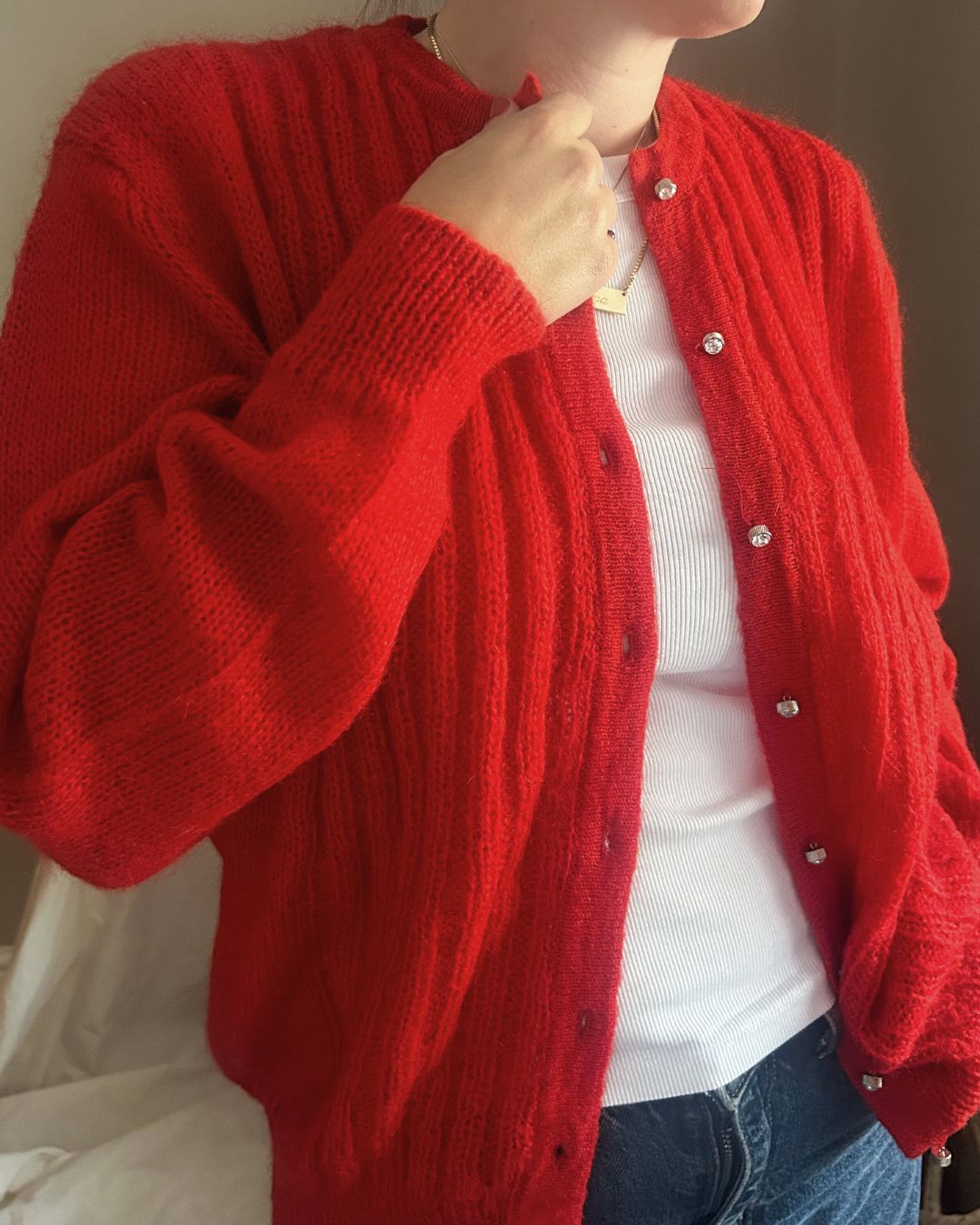 Vintage Red Ribbed Front Cardigan, size approx 10-16