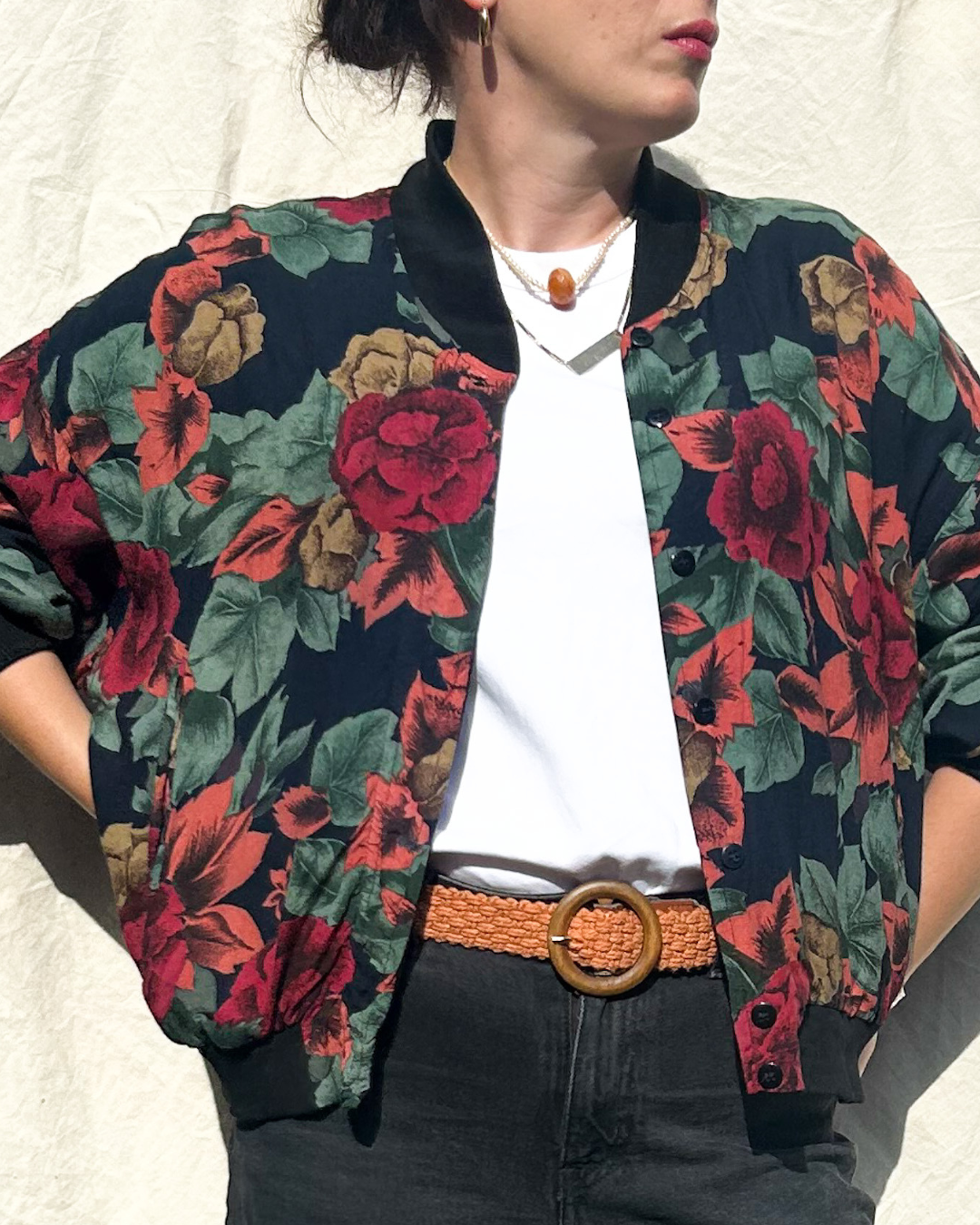 Vintage 80s Flower & Leaf Print Bomber Jacket, approx Size 8-14