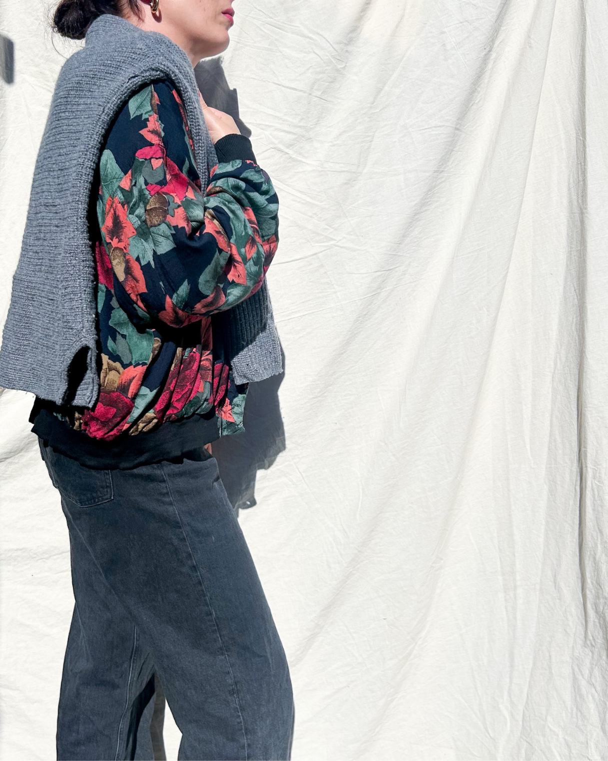 Vintage 80s Flower & Leaf Print Bomber Jacket, approx Size 8-14