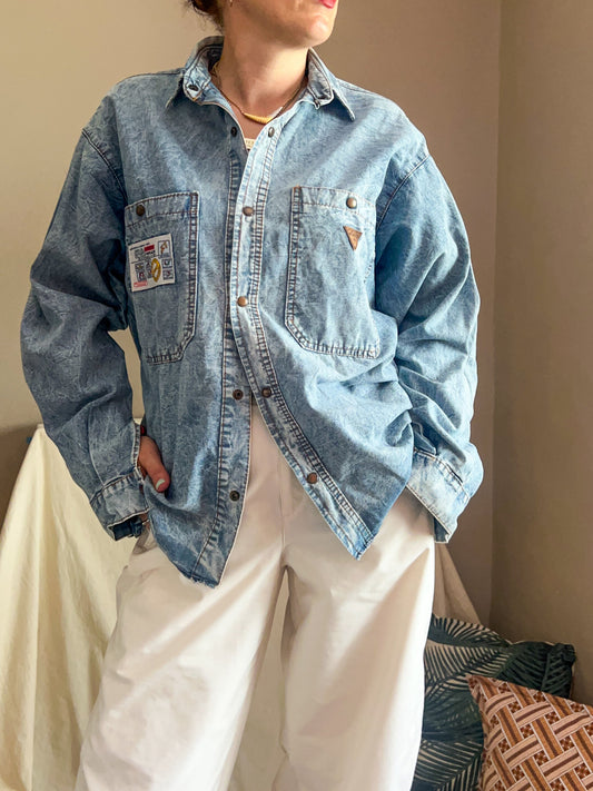 Vintage Light Acid Wash Denim Shirt, Size 10-14