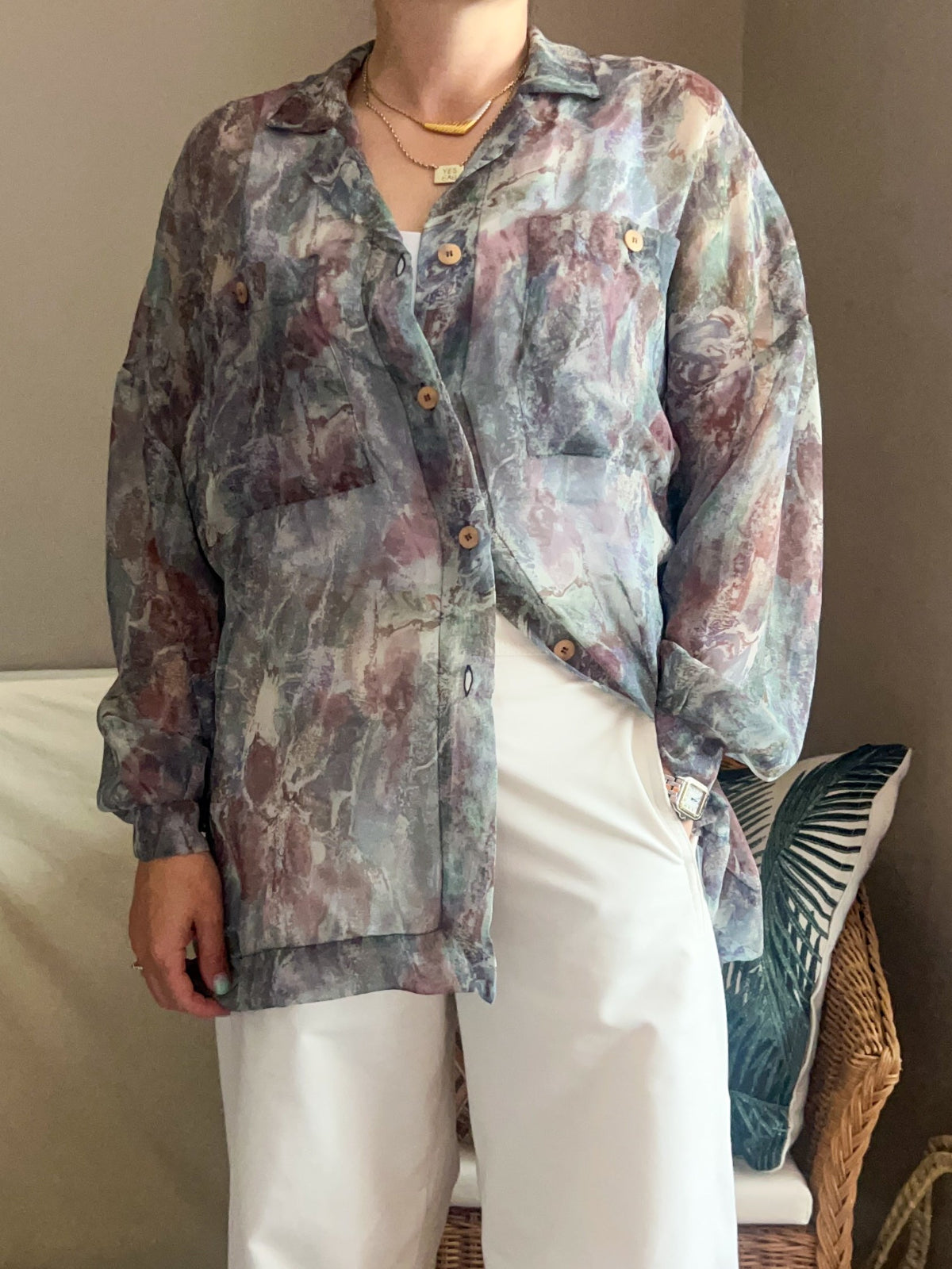 Vintage Sheer Abstract Print Blouse, size 10-12