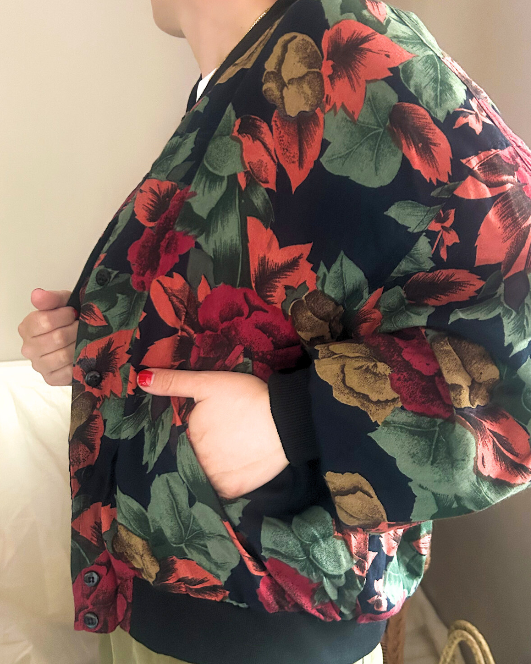 Vintage 80s Flower & Leaf Print Bomber Jacket, approx Size 8-14