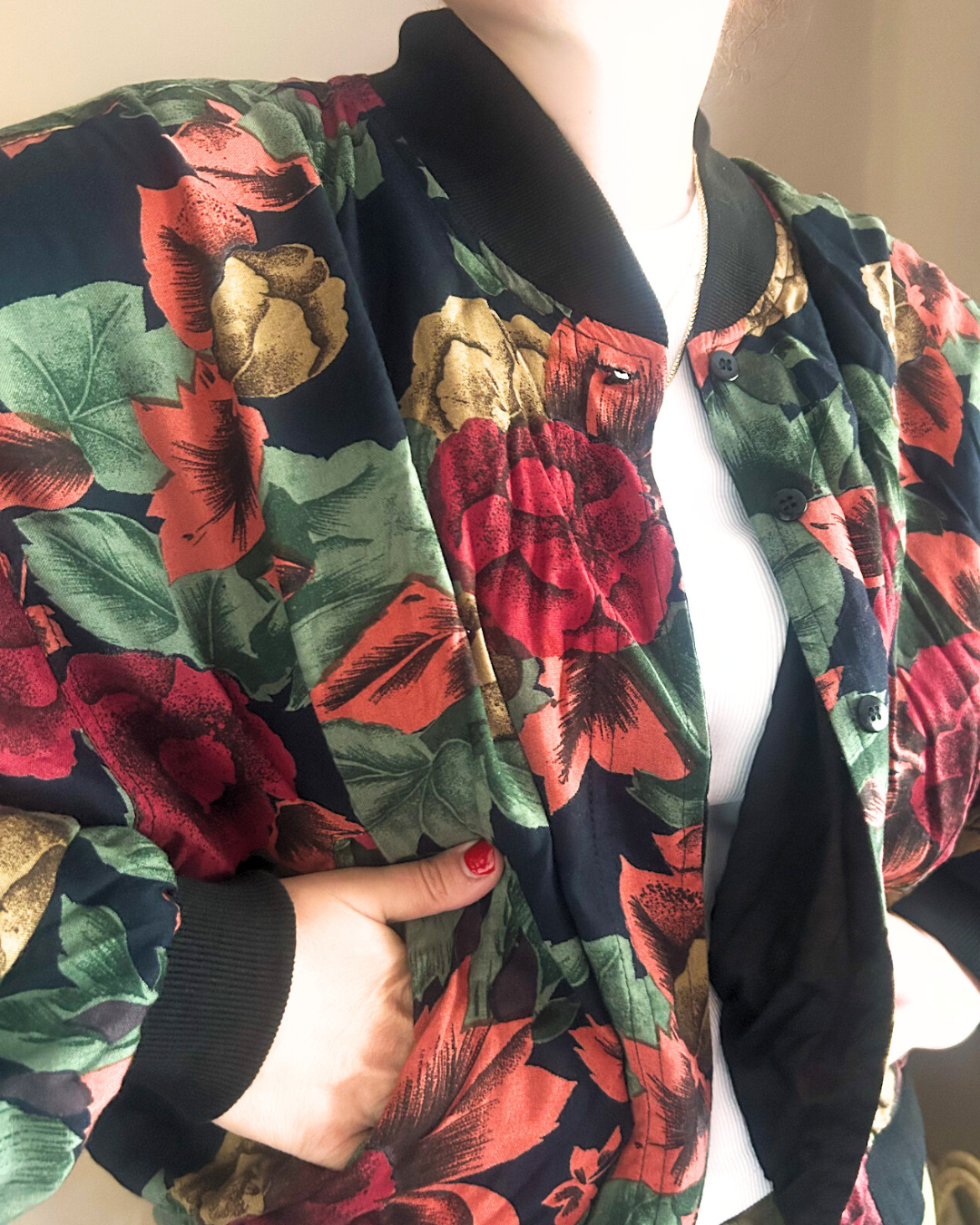 Vintage 80s Flower & Leaf Print Bomber Jacket, approx Size 8-14