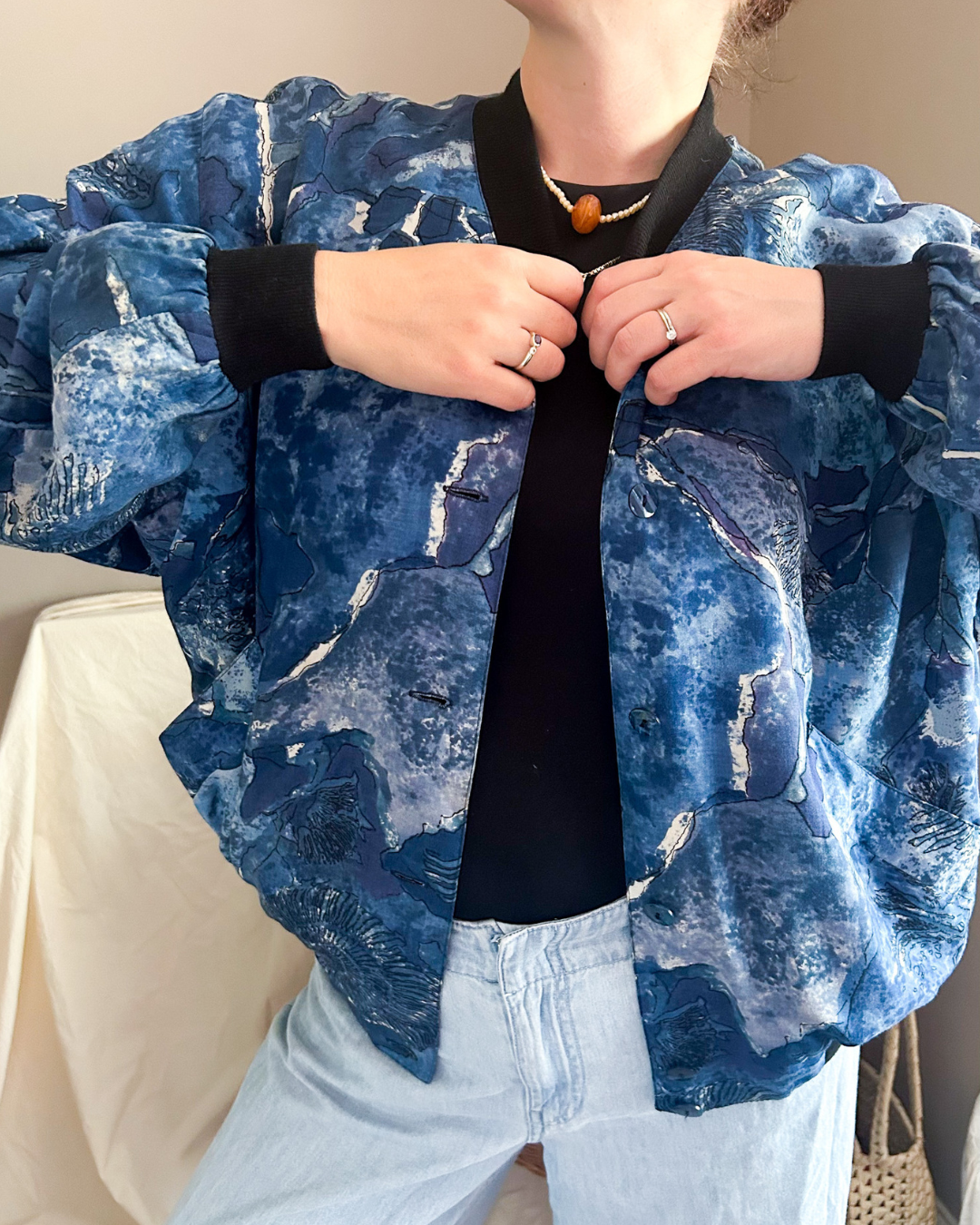 Vintage Blue Abstract Print Bomber Jacket, approx Size 10-16