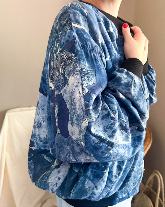 Vintage Blue Abstract Print Bomber Jacket, approx Size 10-16