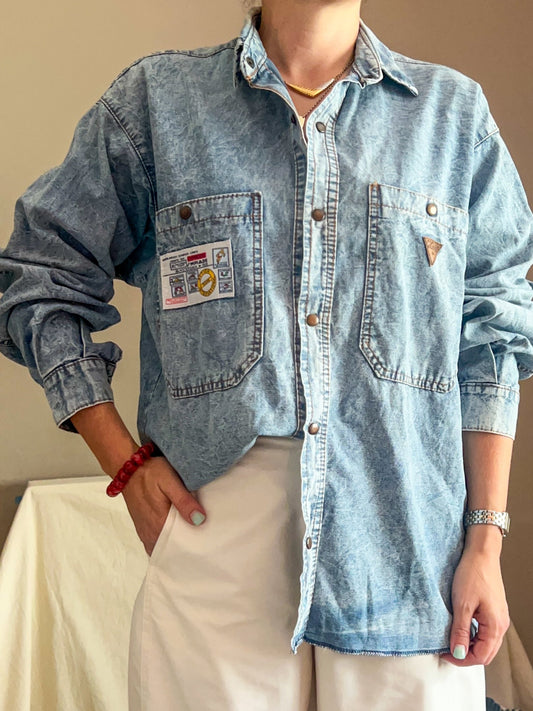Vintage Light Acid Wash Denim Shirt, Size 10-14