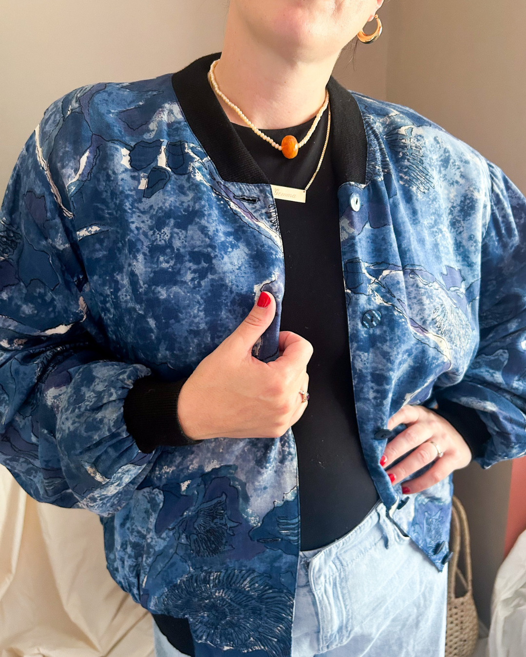 Vintage Blue Abstract Print Bomber Jacket, approx Size 10-16
