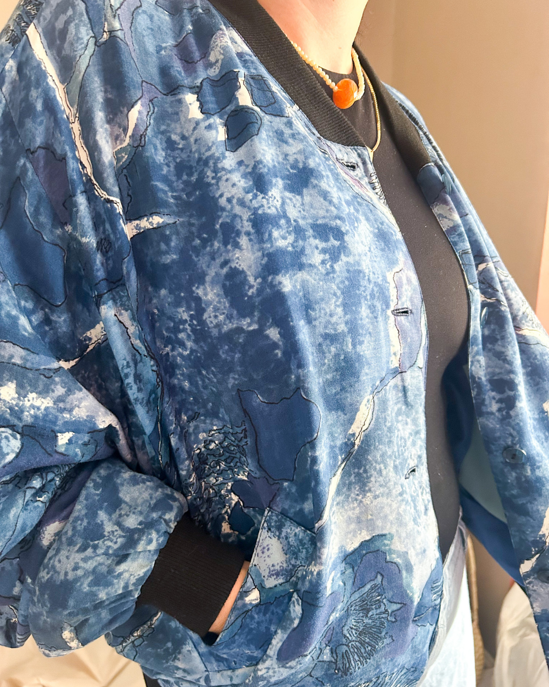 Vintage Blue Abstract Print Bomber Jacket, approx Size 10-16