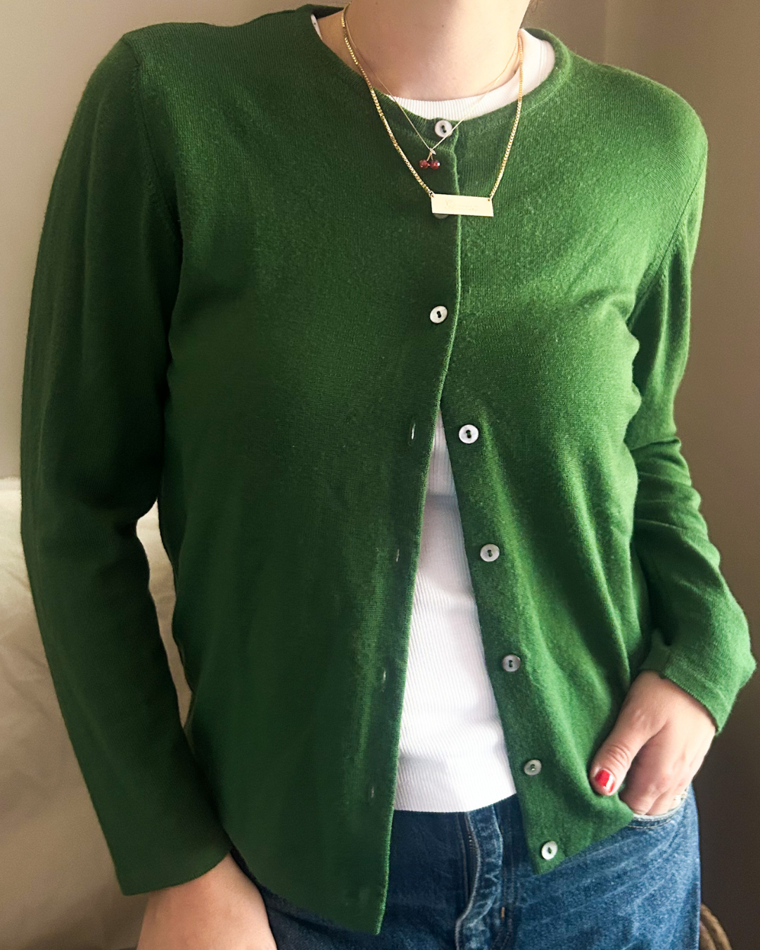 Vintage Green Fine Knit Cardigan, size approx 8-10+