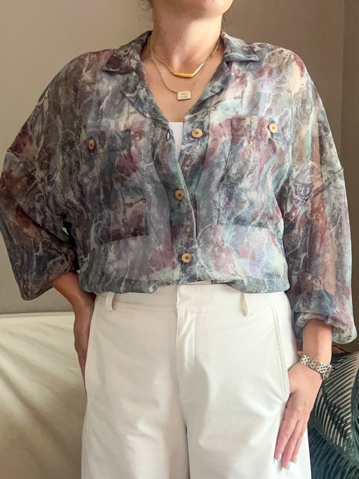 Vintage Sheer Abstract Print Blouse, size 10-12