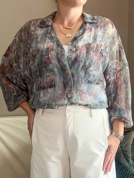 Vintage Sheer Abstract Print Blouse, size 10-12