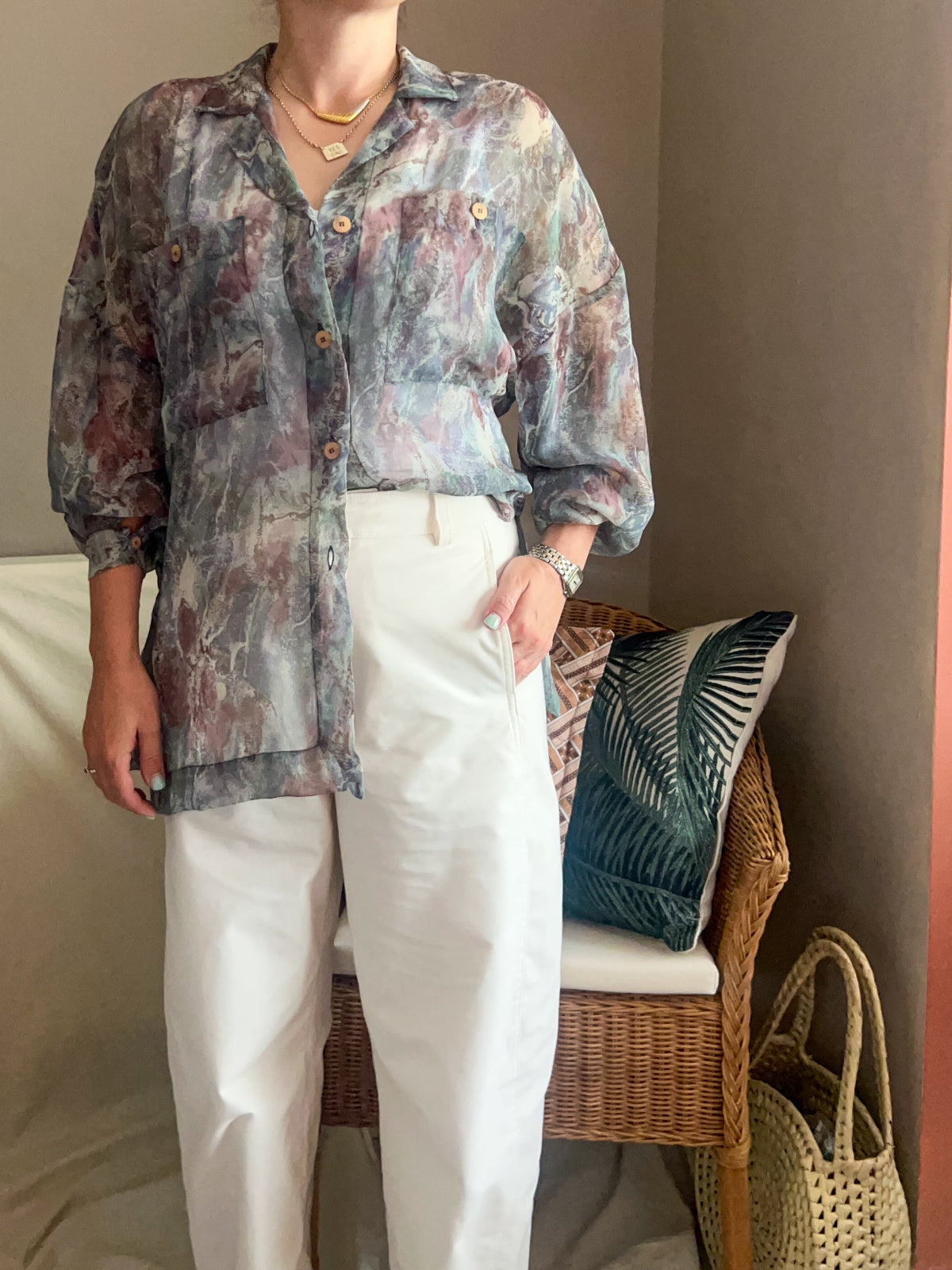 Vintage Sheer Abstract Print Blouse, size 10-12