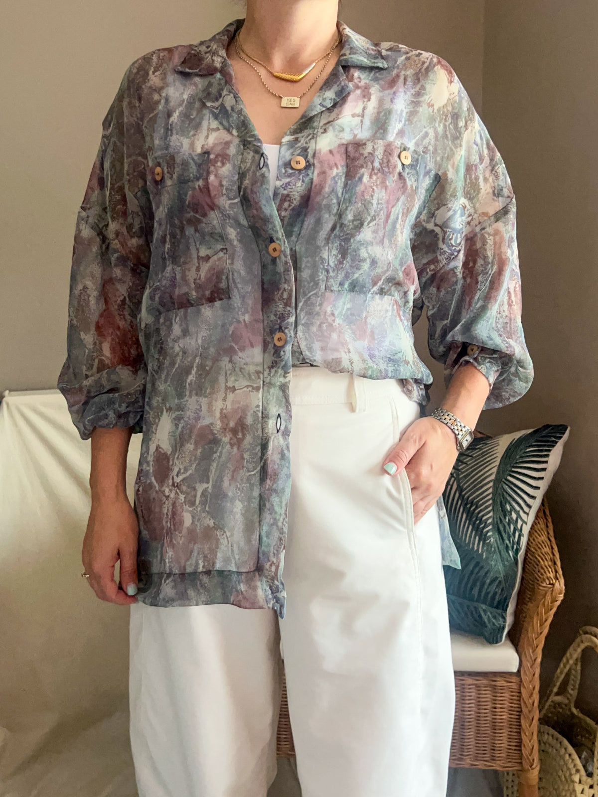 Vintage Sheer Abstract Print Blouse, size 10-12