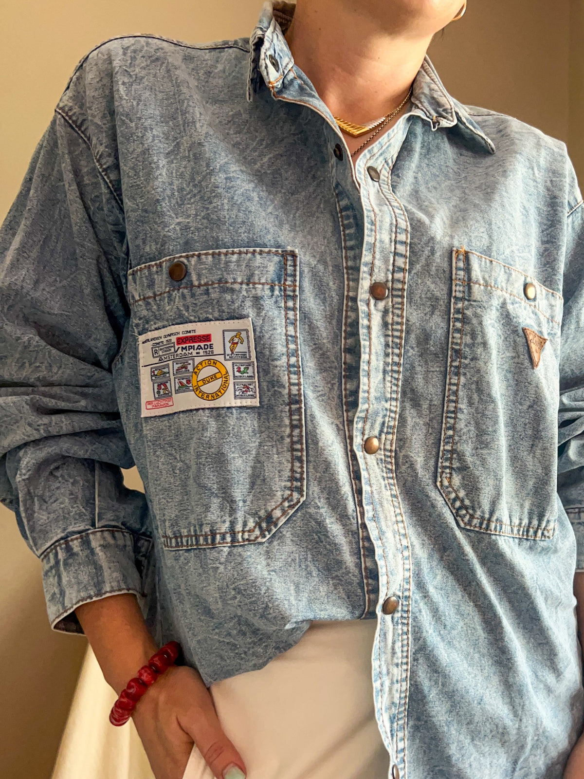 Vintage Light Acid Wash Denim Shirt, Size 10-14