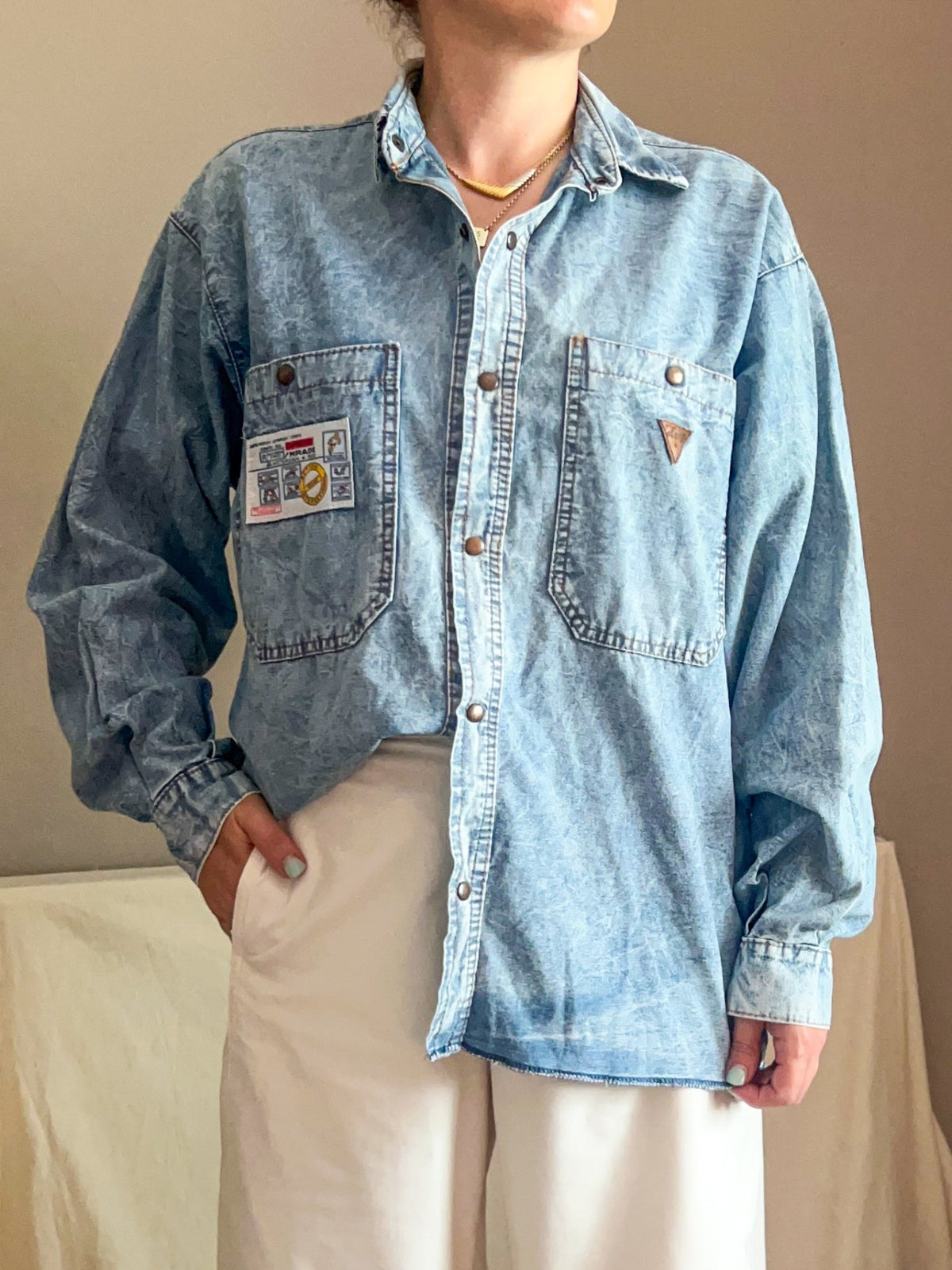 Vintage Light Acid Wash Denim Shirt, Size 10-14