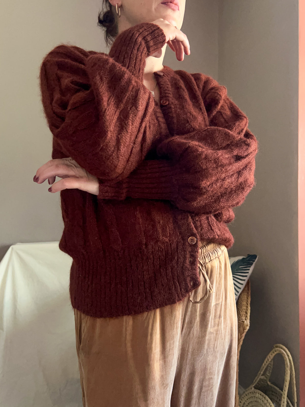 Vintage Balloon Sleeve Cable Knit Cardigan, size 10-14