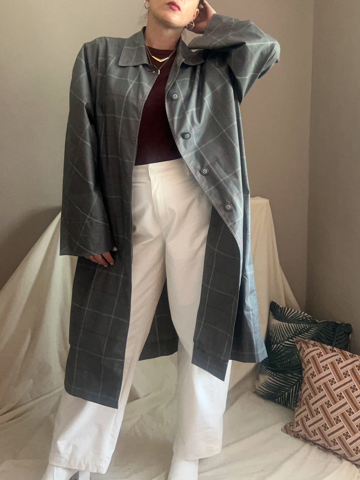 Vintage Grey Check Trench Coat, size up to 18