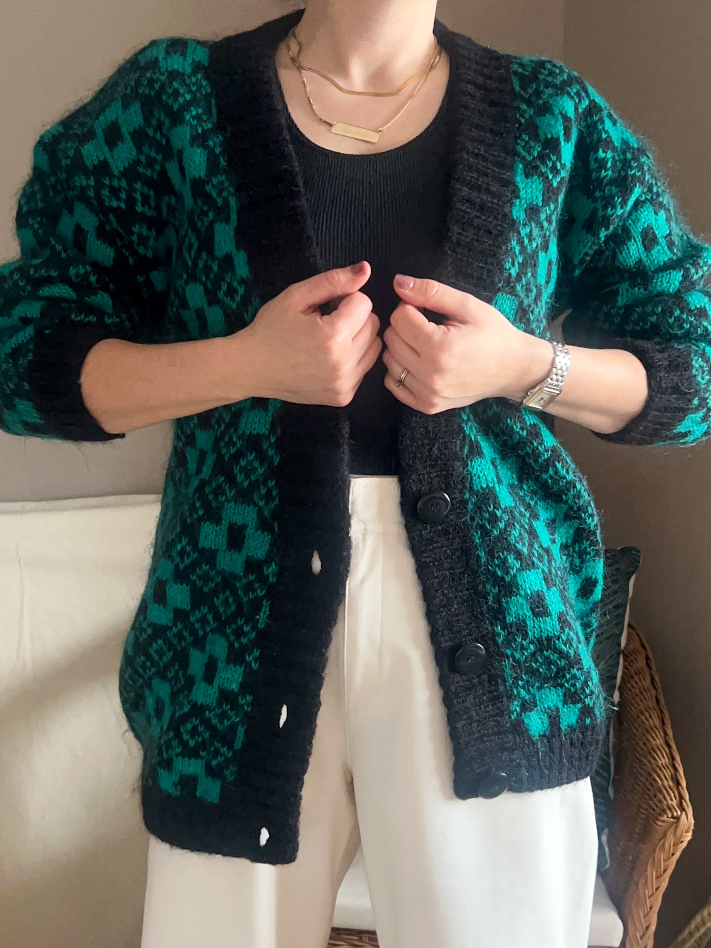 Vintage Geometric Pattern Chunky Knit Cardigan, approx Size 10-16