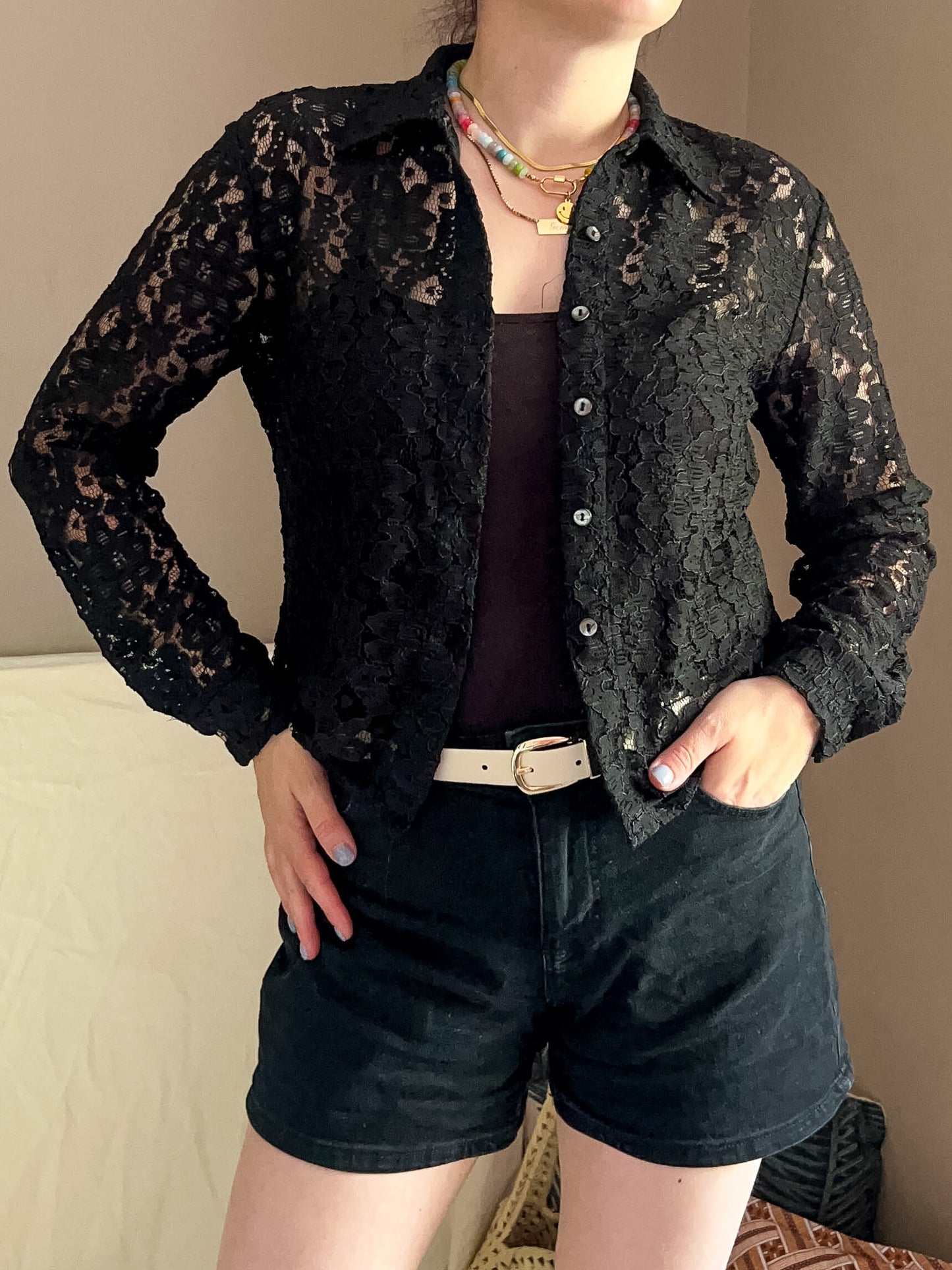 Vintage Black Lace Shirt , approx Size 8-12