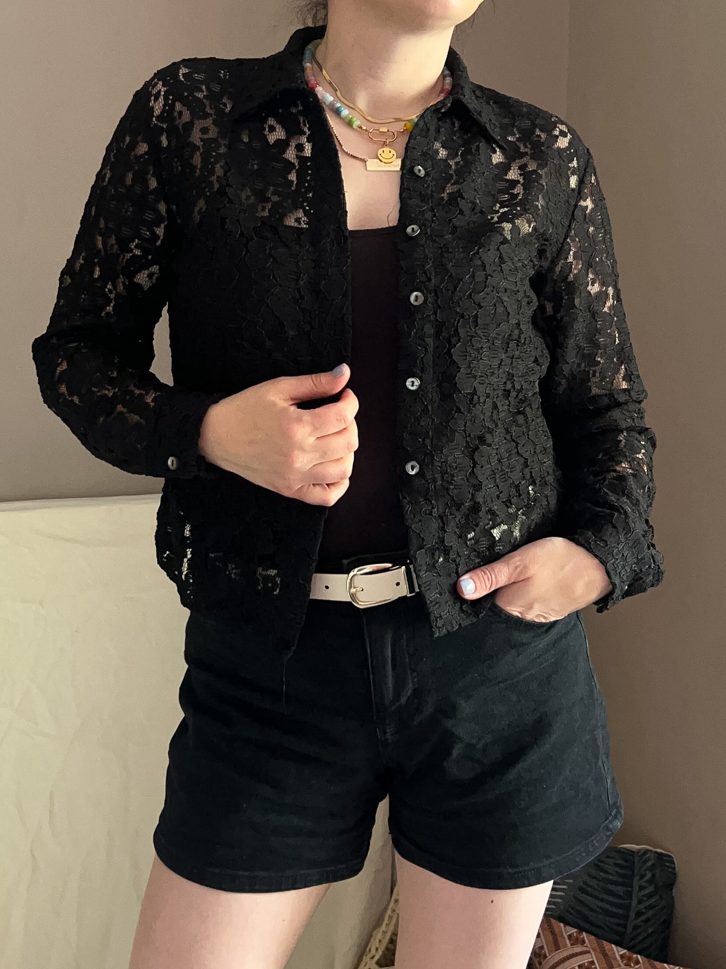 Vintage Black Lace Shirt , approx Size 8-12