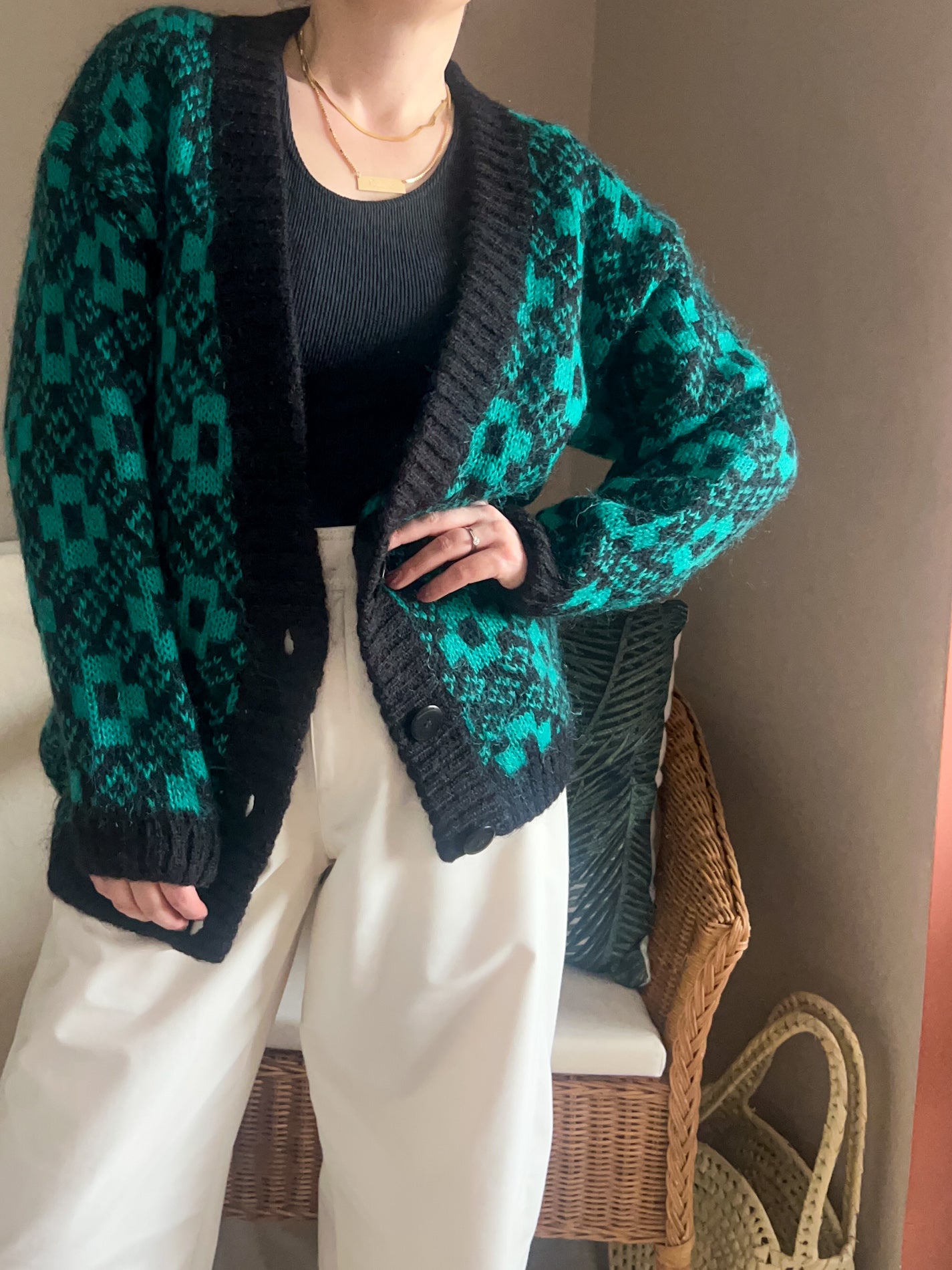 Vintage Geometric Pattern Chunky Knit Cardigan, approx Size 10-16