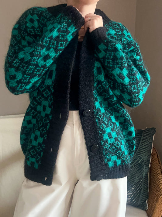 Vintage Geometric Pattern Chunky Knit Cardigan, approx Size 10-16