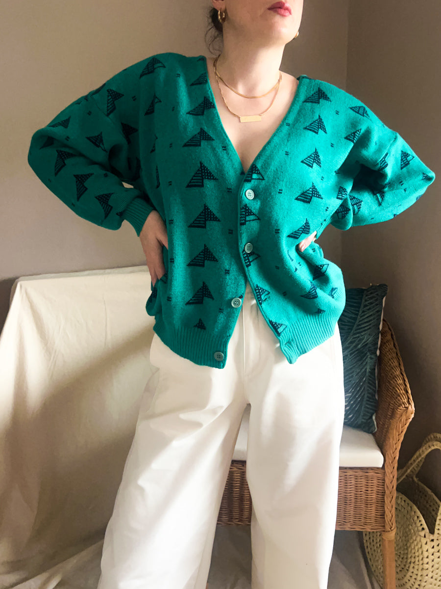 Vintage Graphic Knit Green Cardigan, size approx 12-16