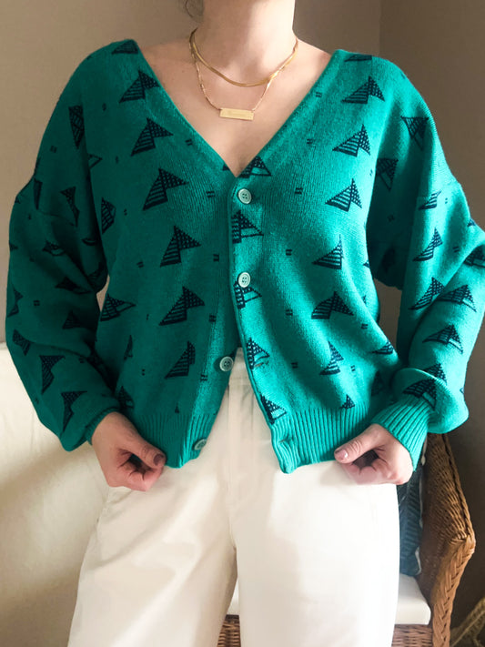 Vintage Graphic Knit Green Cardigan, size approx 12-16