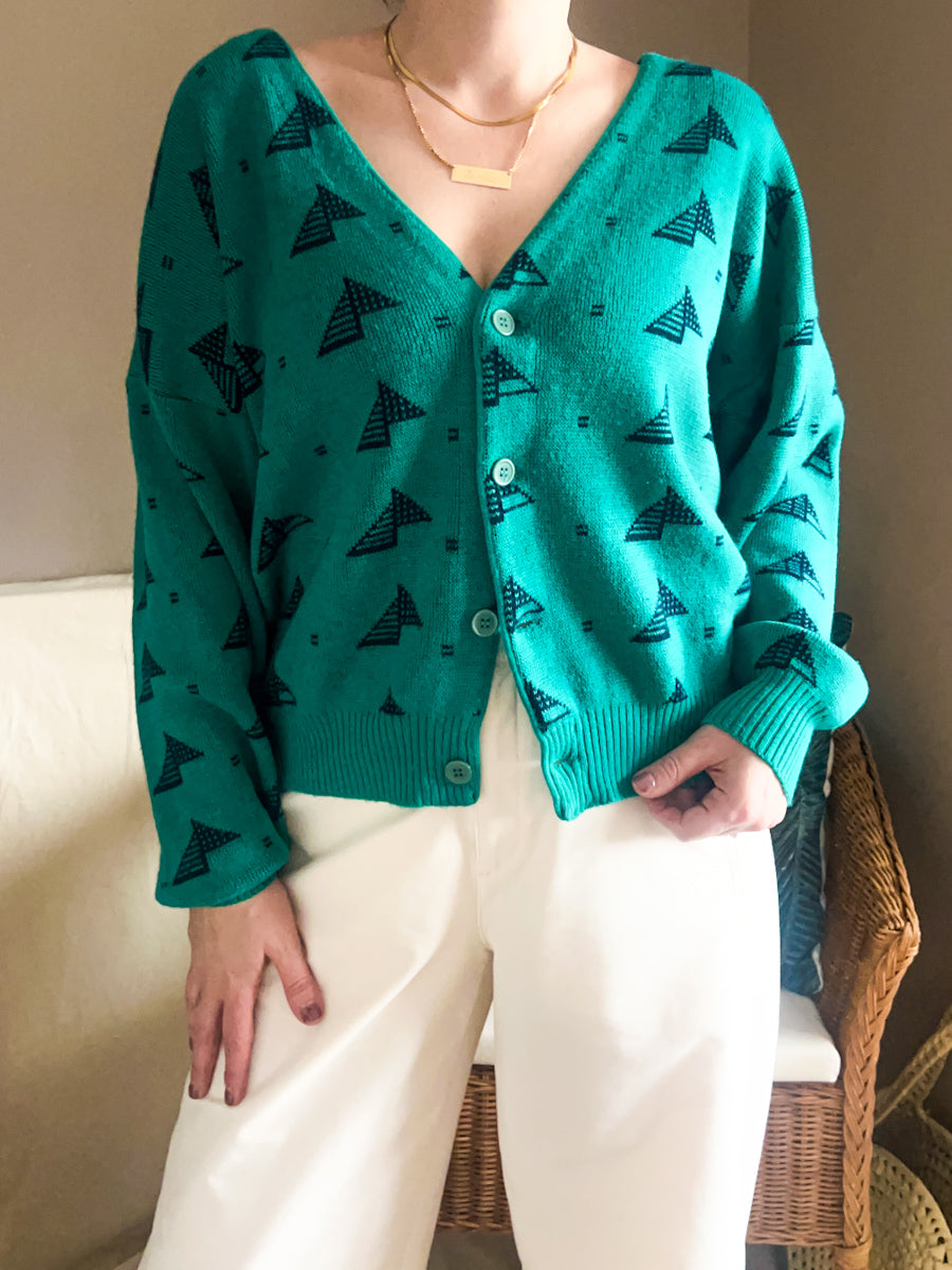 Vintage Graphic Knit Green Cardigan, size approx 12-16