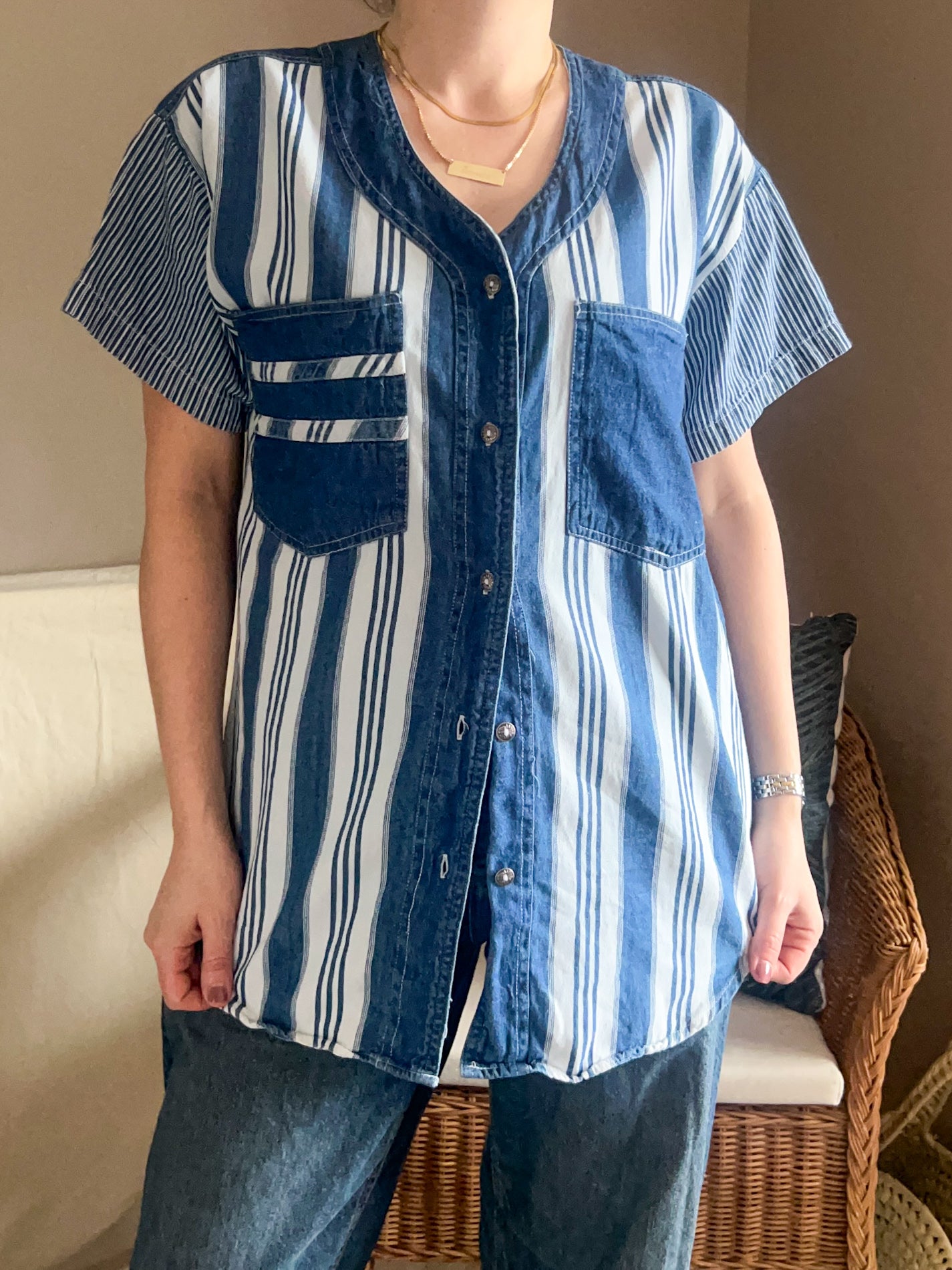 Vintage Stripe Denim Shirt, approx Size 10-12