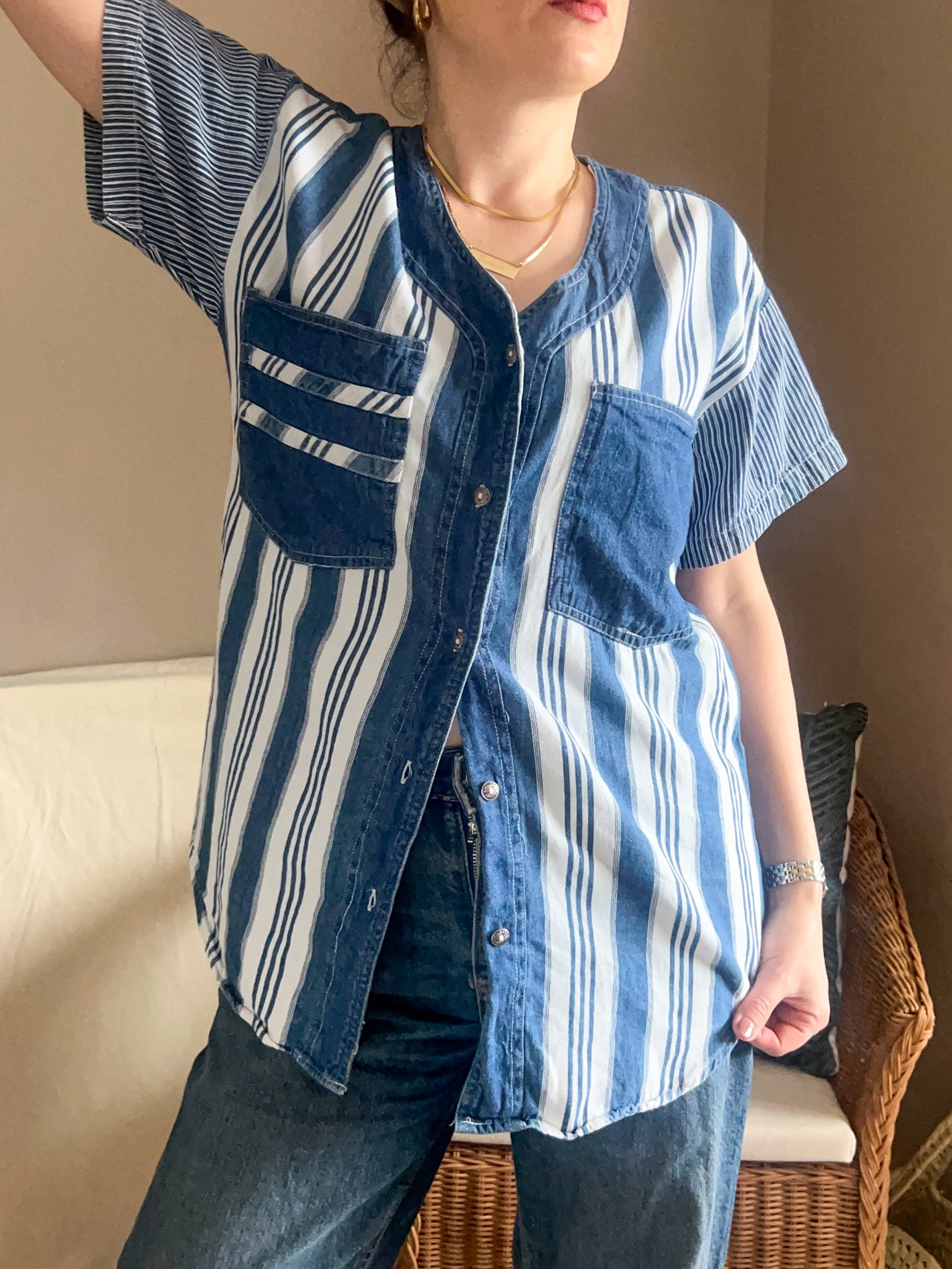 Vintage Stripe Denim Shirt, approx Size 10-12