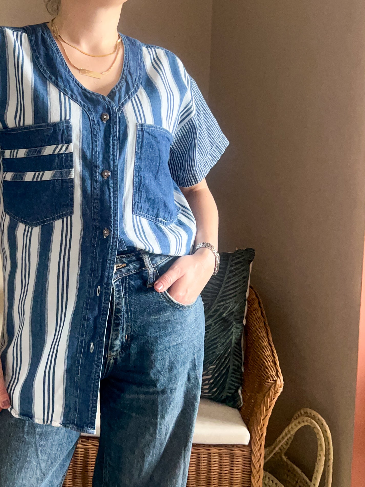 Vintage Stripe Denim Shirt, approx Size 10-12