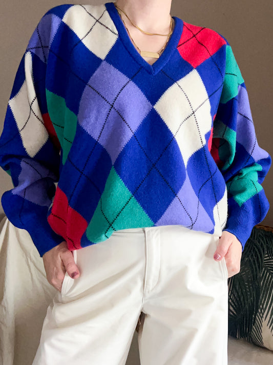 Vintage Pringle Sport Argyle Knit Jumper, size L