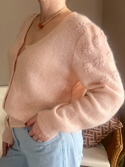 Vintage Blush Pink Raised Floral Cardi, size 10-14