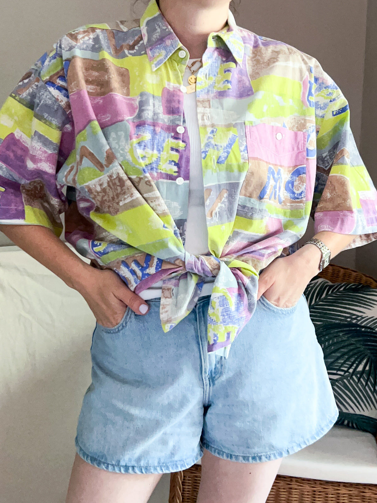 Vintage Pastel Print Summer Shirt, Size L / XL