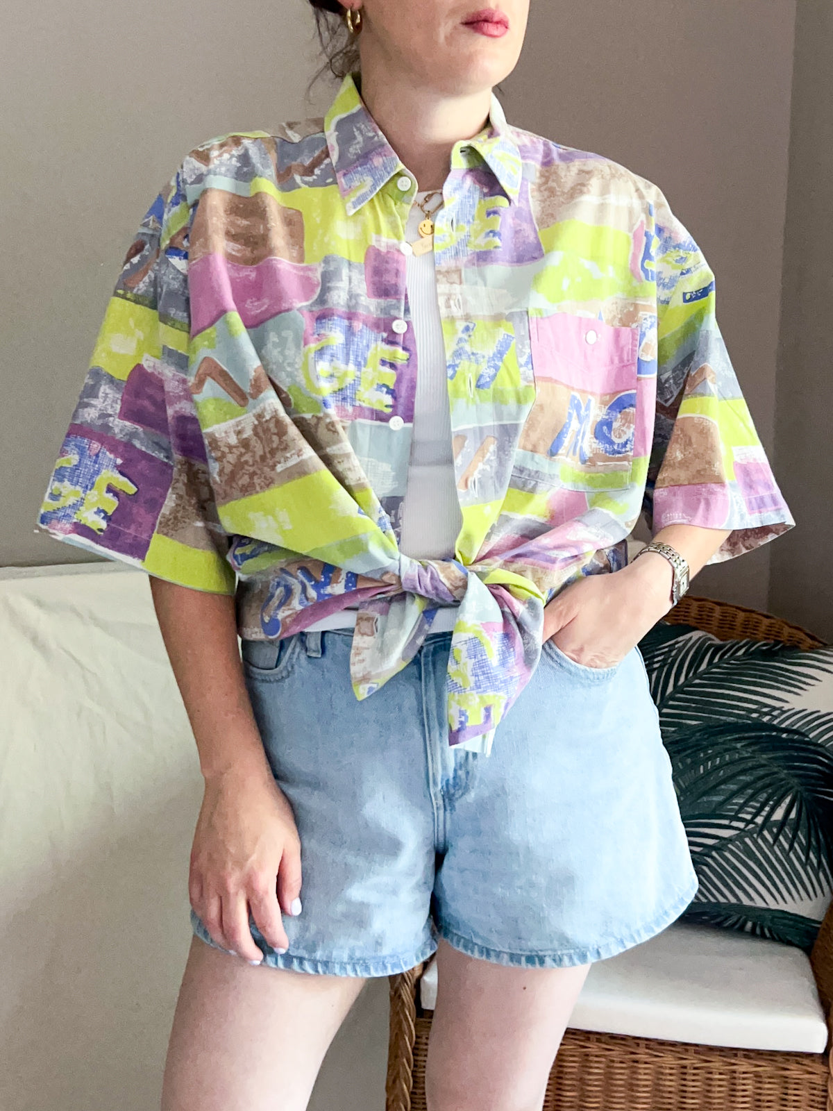 Vintage Pastel Print Summer Shirt, Size L / XL