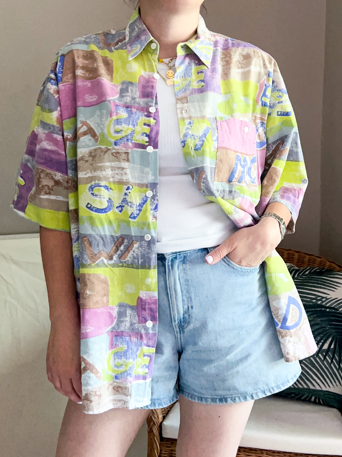 Vintage Pastel Print Summer Shirt, Size L / XL