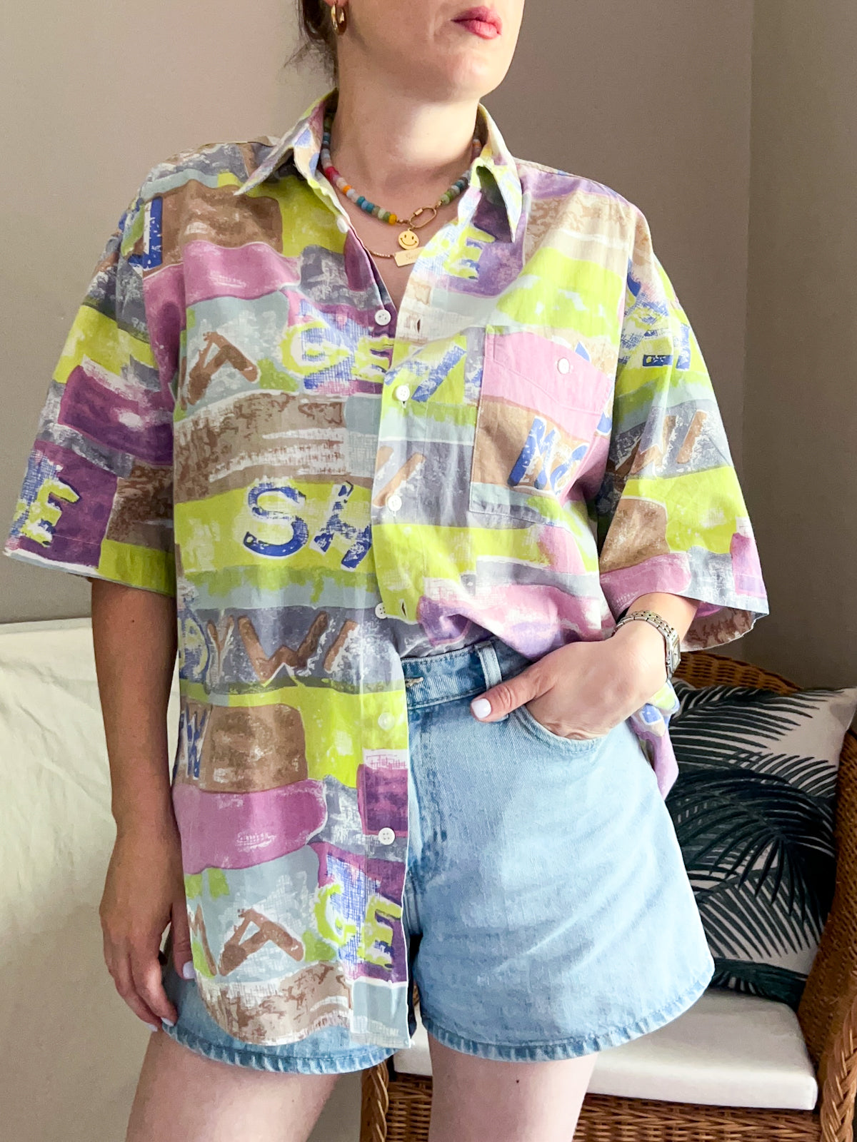 Vintage Pastel Print Summer Shirt, Size L / XL